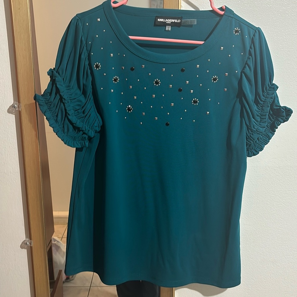 Karl Lagerfeld Blue and Green Ruffled Cuffed Sleeve Blouse